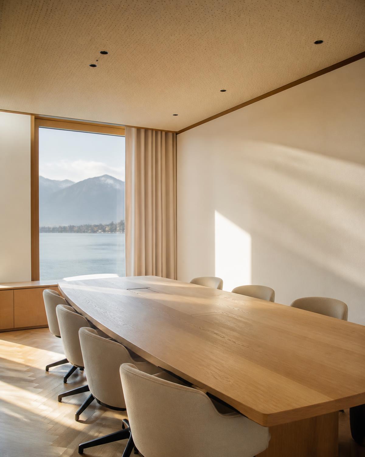 Salle de réunion lumineuse avec vue sur le lac et les montagnes