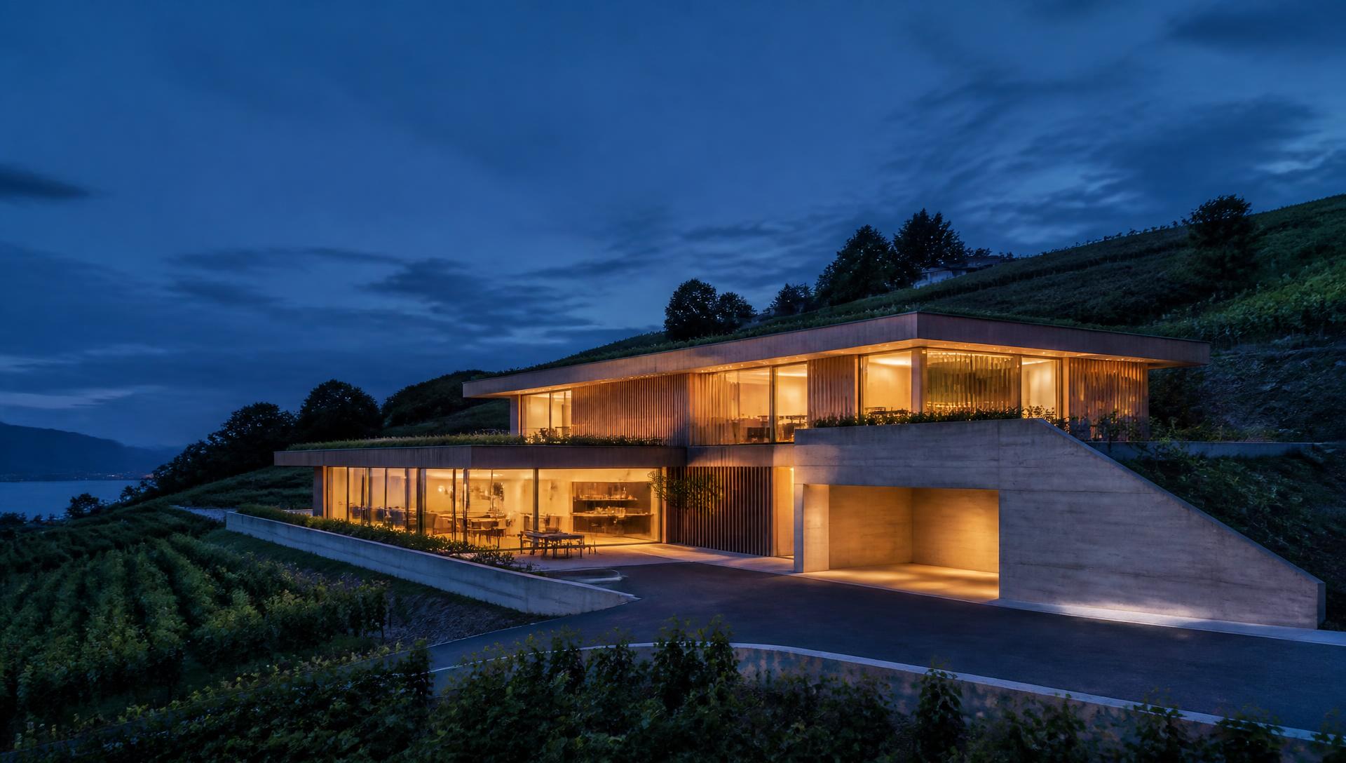 Villa contemporaine suisse à flanc de coteau, à la tombée du jour